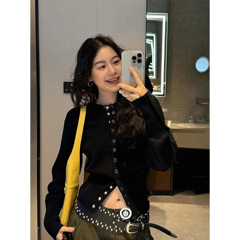 Black Knitted Cardigan Women Fashion Streetwear Cropped Sweater Outerwear Korean Long Sleeve Knitwear Winter Slim Jumpers