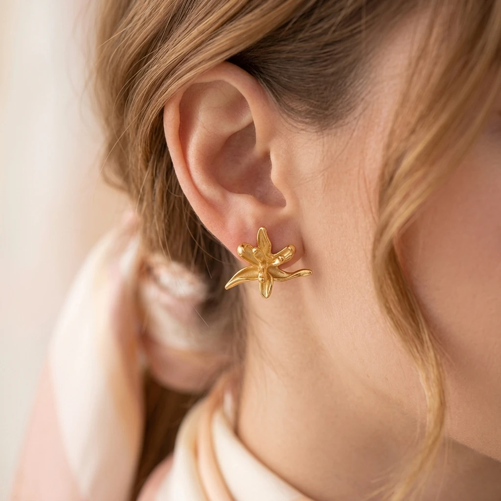 Miia Jewelry 3 Pairs Abstract Floral Starburst Stud Earrings Set 18K Gold Stainless Steel Ladies Jewelry