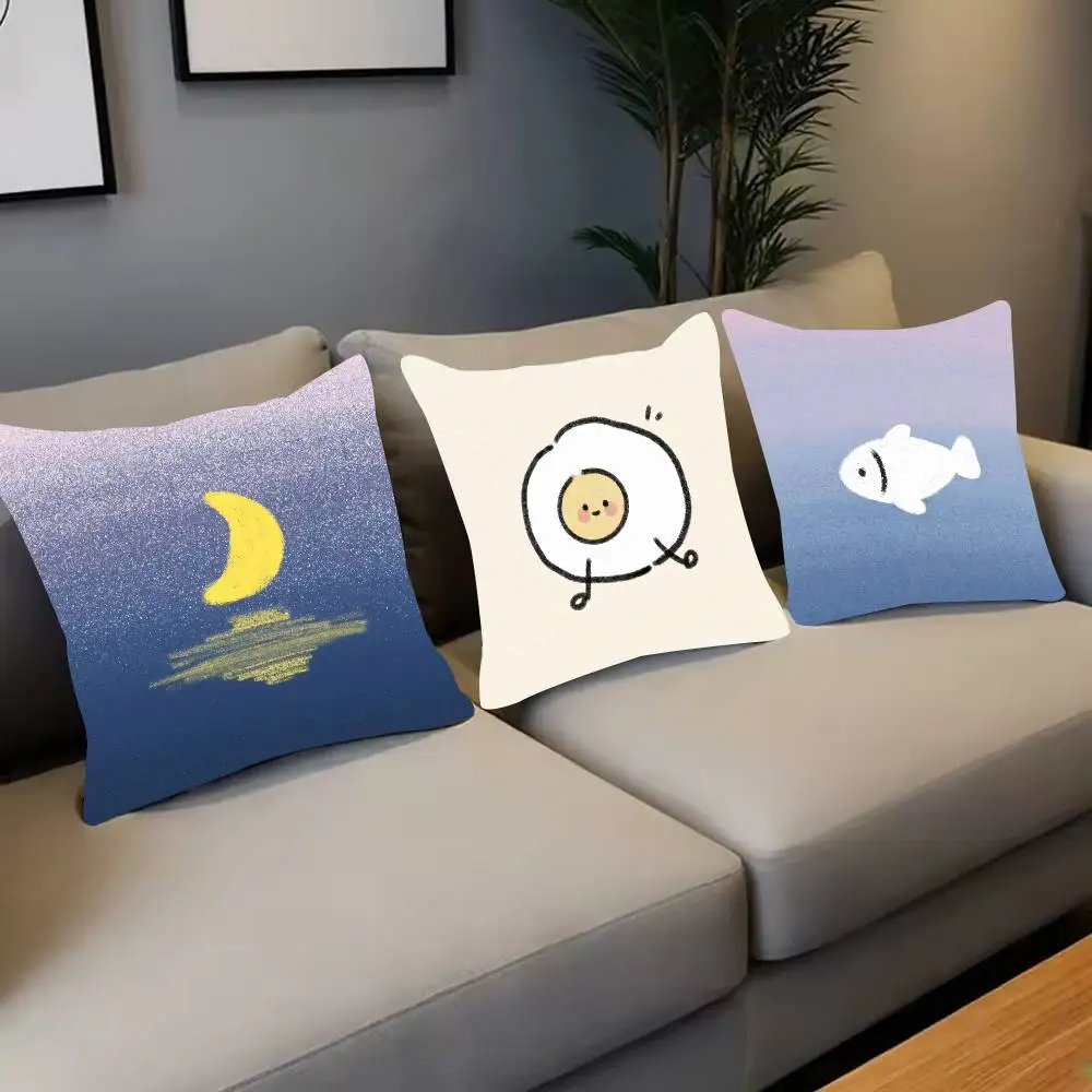 Cute Hand Drawn Cartoon Pillow Cover Kawaii Simple Sketch Moon Star Little Fish Pattern Cushion Case for Sofa Home Decor