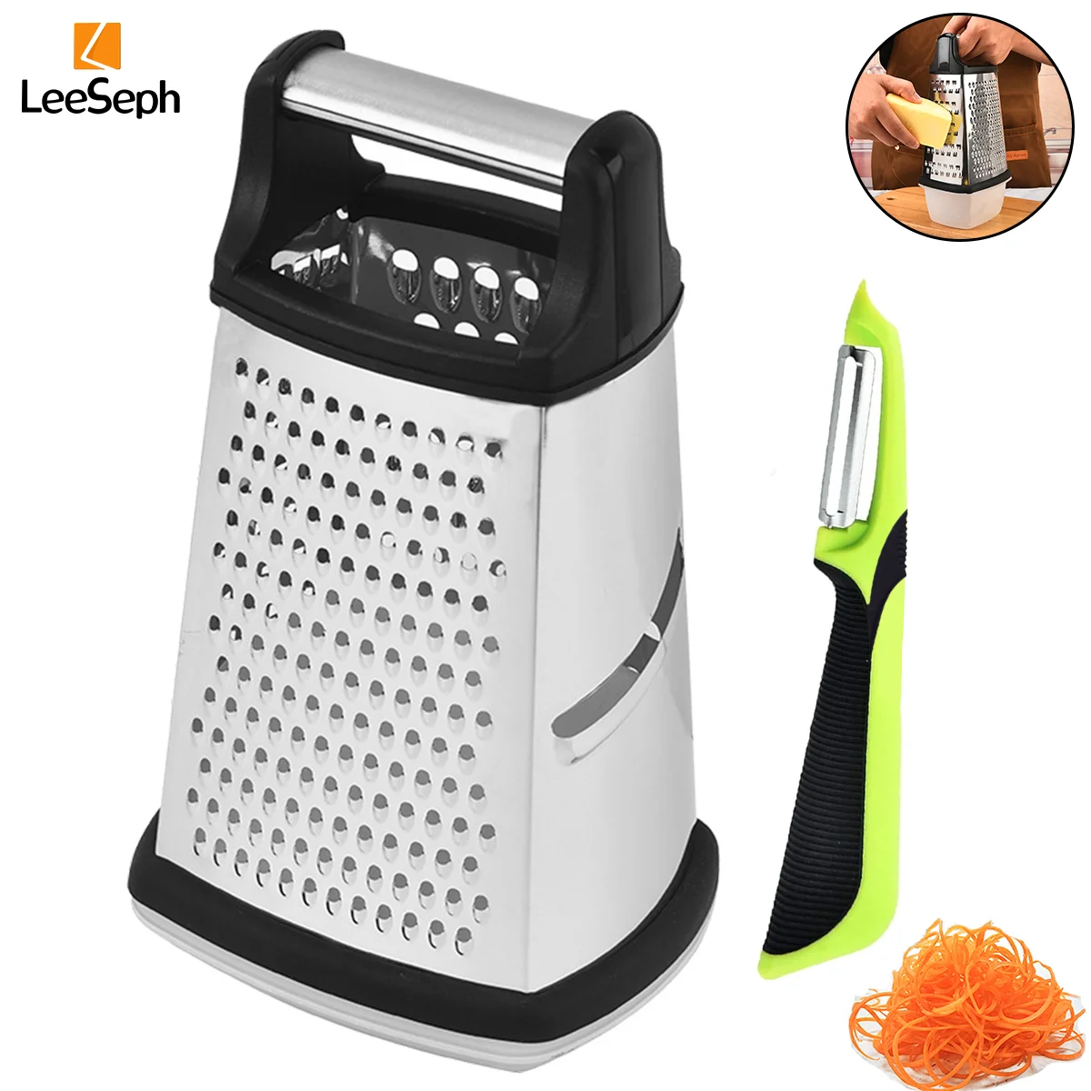 Leeseph Stainless Steel Cheese Grater with Storage Container & Vegetable Peeler Set, Food Shredder for Cheese, Vegetable, Fruit