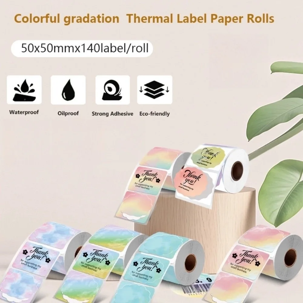 140pcs 50x50 mm Thermal Label Roll Tear-resistant Waterproof Label Roll Paper Flower Shape Color Gradient Square Label Sticker