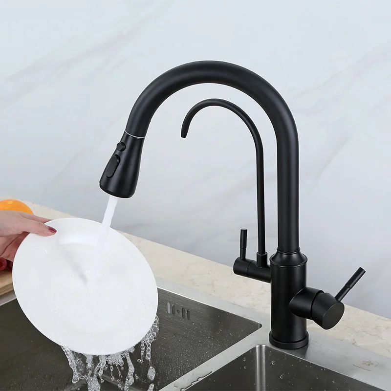 Blackend Spring Kitchen Faucet Pull out Side Sprayer Dual Spout Single Handle Mixer Tap Sink Faucet 360 Rotation Kitchen Faucets