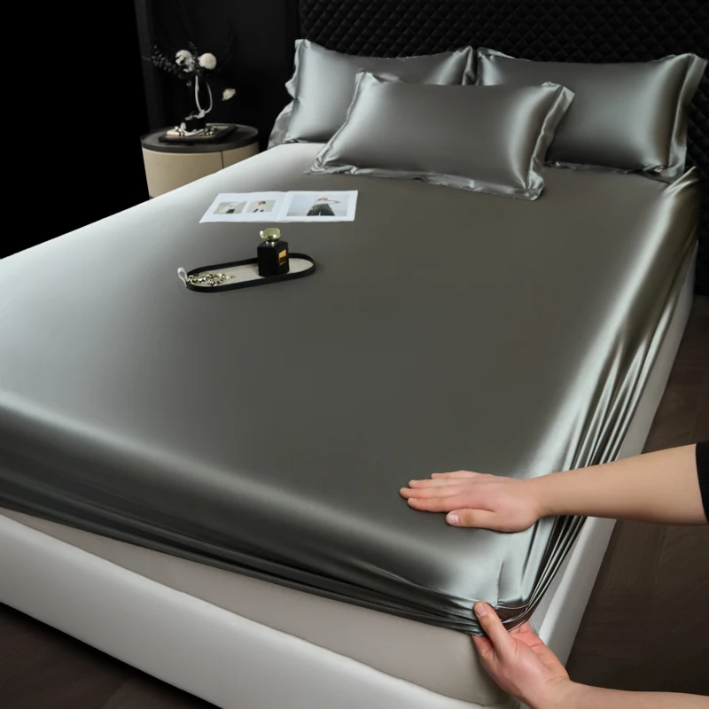 Solid Color Fashion Satin Fitted Sheet Rayon Mattress Cover with Elastic Band Bed Sheet for Bedding 180x200