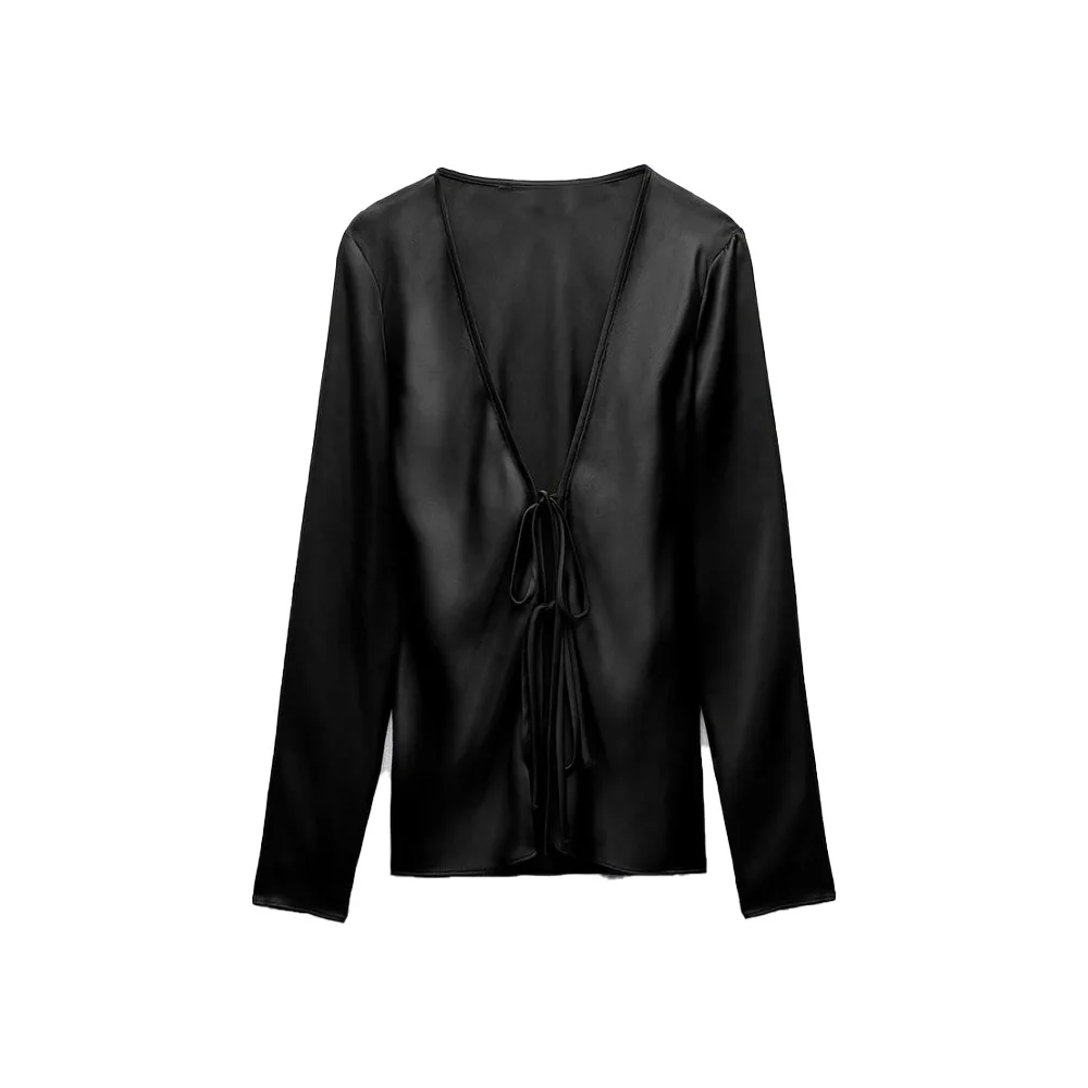 Ladies Casual Solid Colour Tie Shirt Loose V Neck Long Sleeve Ladies Satin Texture Slim Cardigan Shirt Women\'s Street Top