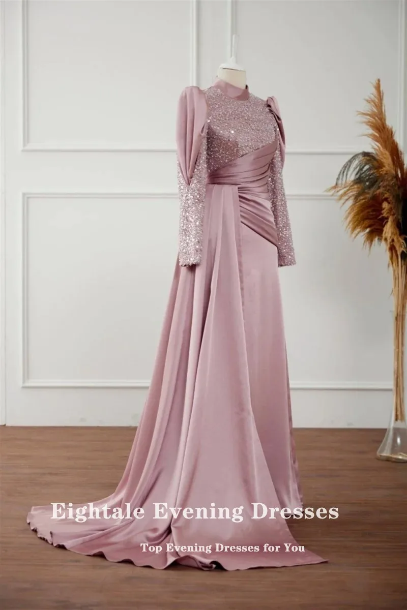 Eightale Arabic Evening Dress for Wedding Party Pink Muslim Prom Gowns Satin Sequined Long Sleeves Customized Dress abendkleid