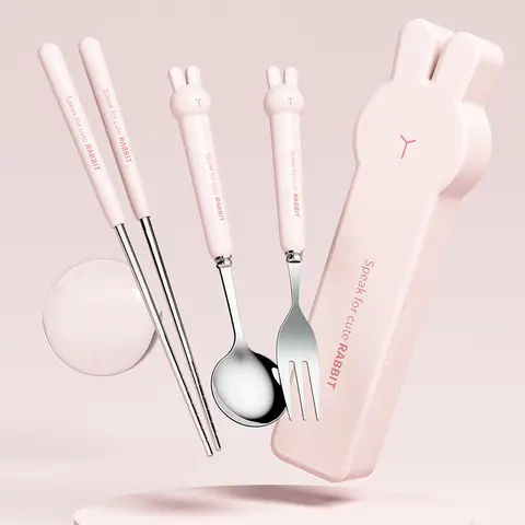 Ins style outdoor convenient tableware, cartoon tableware for students and office workers, 304 stainless steel cutlery set