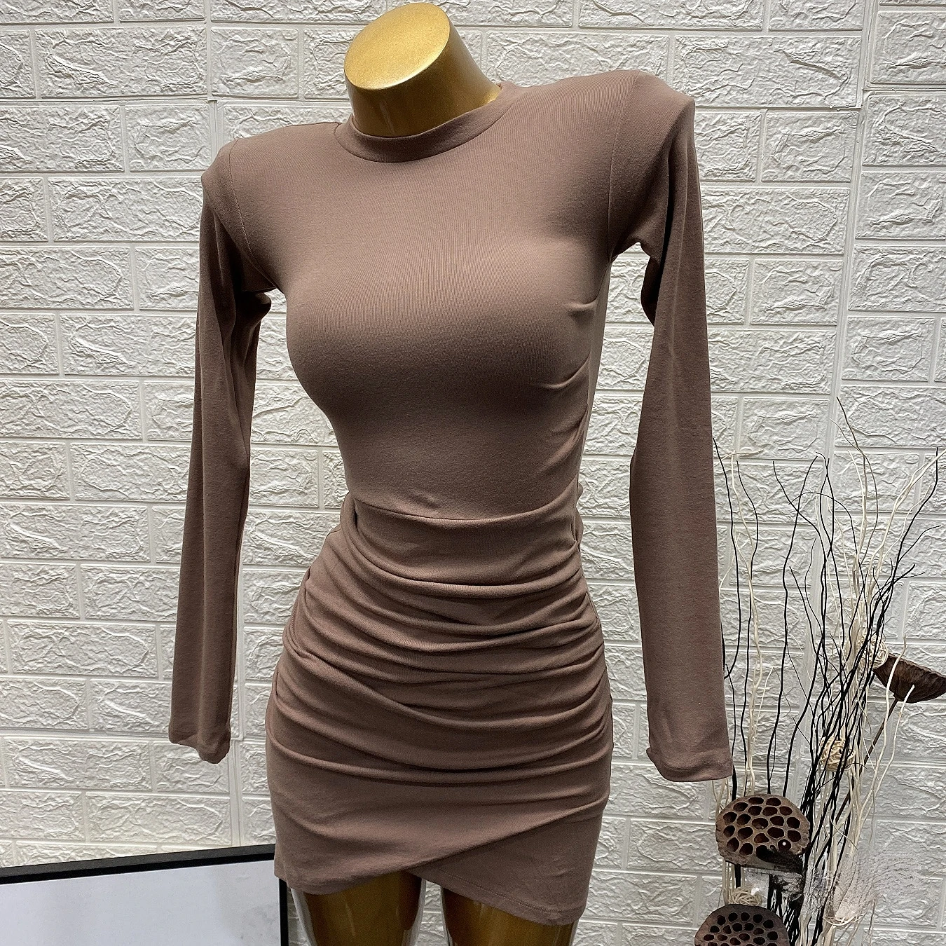 

Women's O-Neck Pleated Dress, Long-Sleeved, Slim, All Match, Female Pulls, Outwear, Top Quality, Sexy, New Design, Autumn