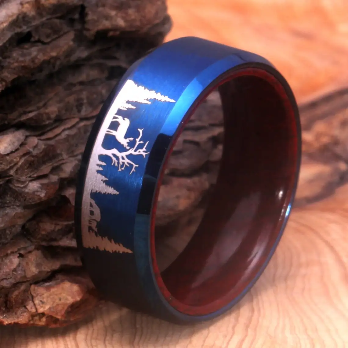 Classic Hunting Band Wedding Ring 8mm Matte Blue Tungsten With Wood Inner Comfort Fit  Wedding Band Engagement Ring for Men