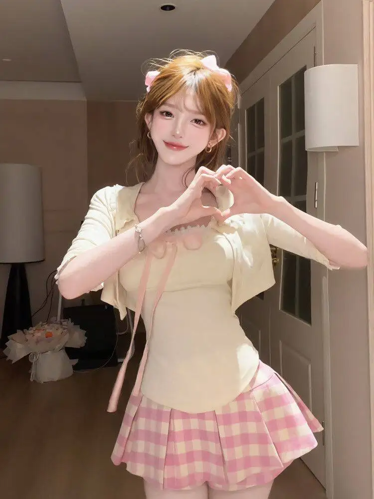 Sweet Cute 3 Piece Set Women Bow Ruffle Camisole Top Cropped Cardigan High Waist Pleated Plaid Mini Skirt Slim Fit Daily Outfit - view 4