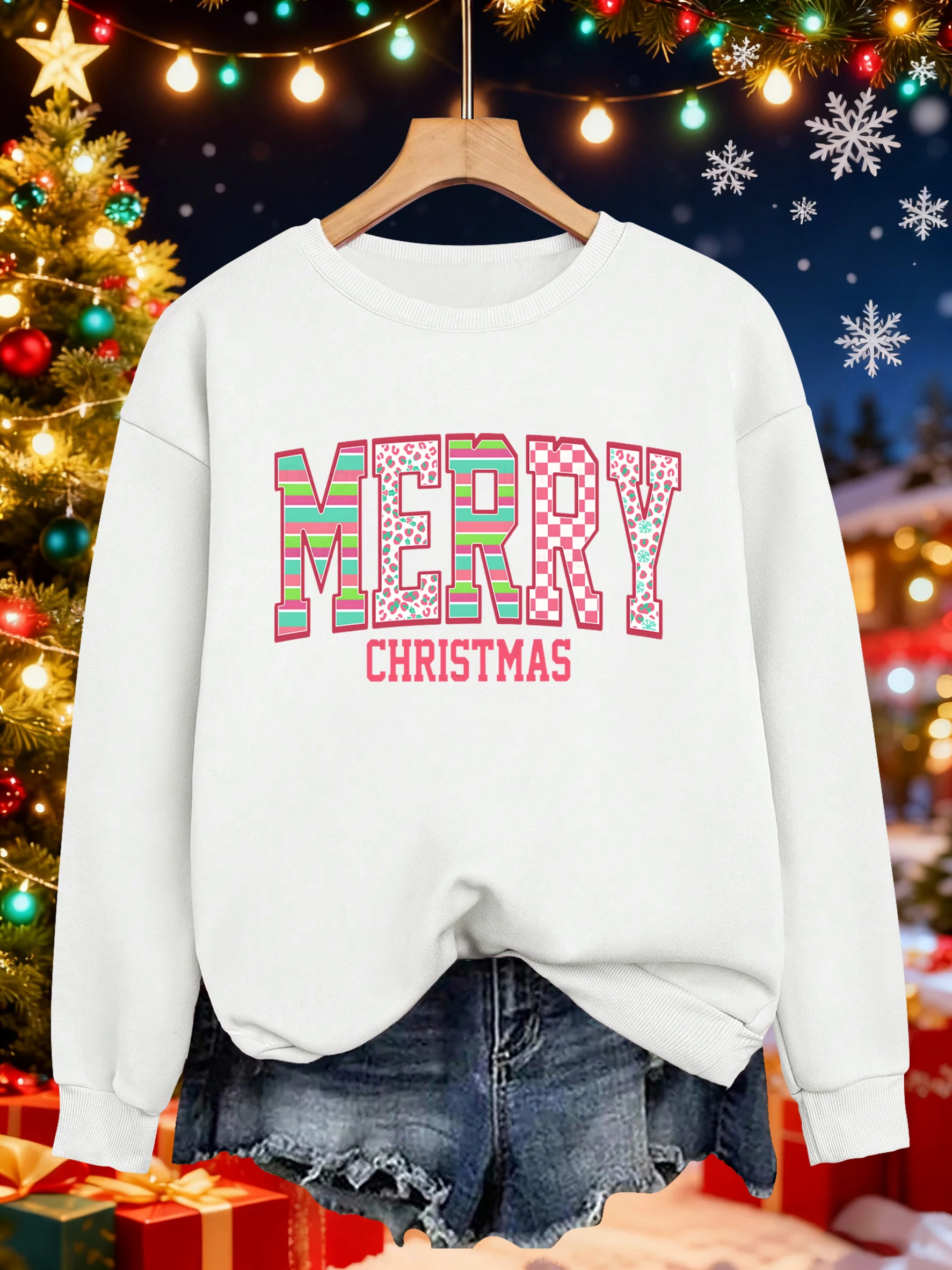 Frohe Weihnachten Kunst Brief Muster Sweatshirt Frauen Crewneck Alle-Spiel Kleidung Beiläufige Lose Streetwear Herbst Fleece Pullover
