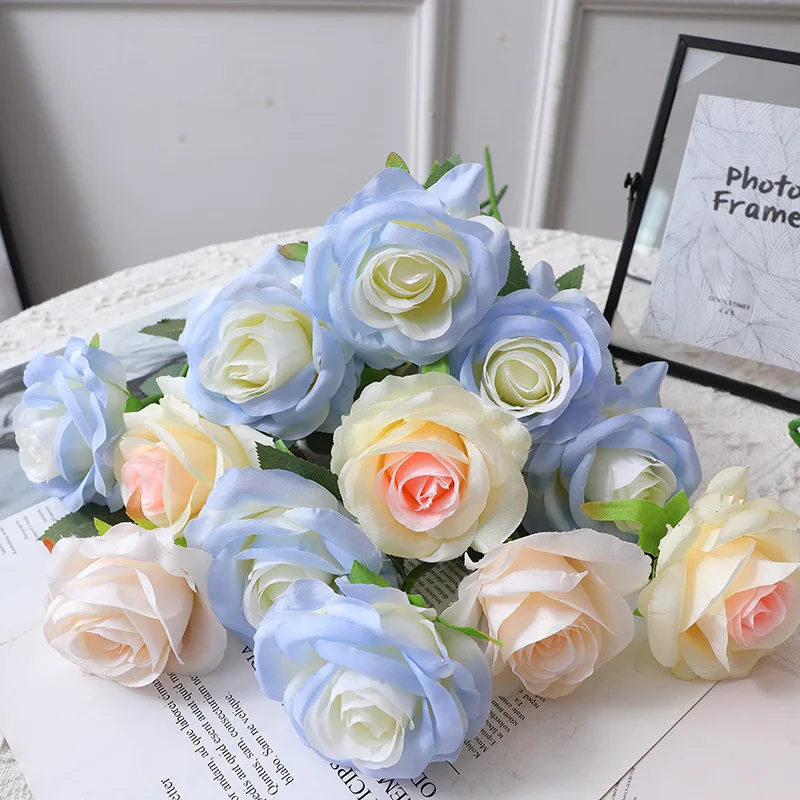 Rose Crush Ice Blue Simulated Bouquet Flower Arrangement High Beauty Photography DIY Gift Ornament Living Room Decoration Luxury