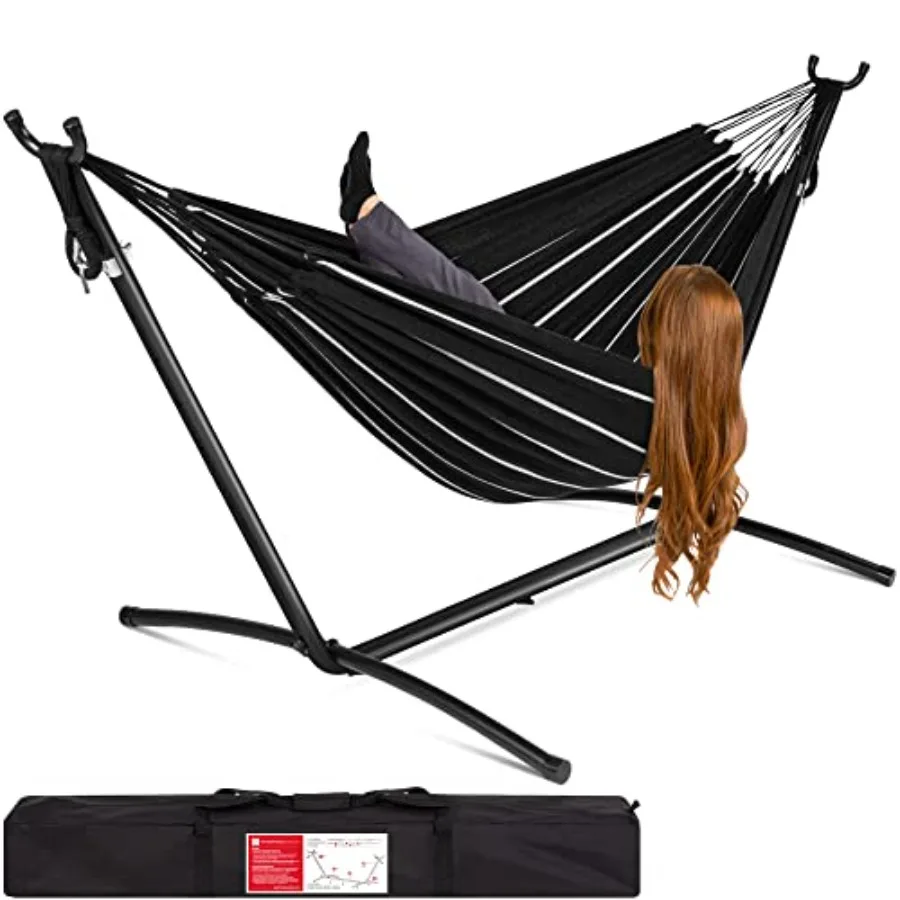 

Double Hammock with Stand for Indoor Outdoor Use, Brazilian-Style Cotton Bed in Natural Beige, 2-Person Capacity with Carrying