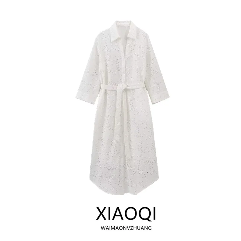 

Летнее женское платье 2024 с вышивкой и ажурным узором, универсальное, с рукавом 3/4, из других материалов