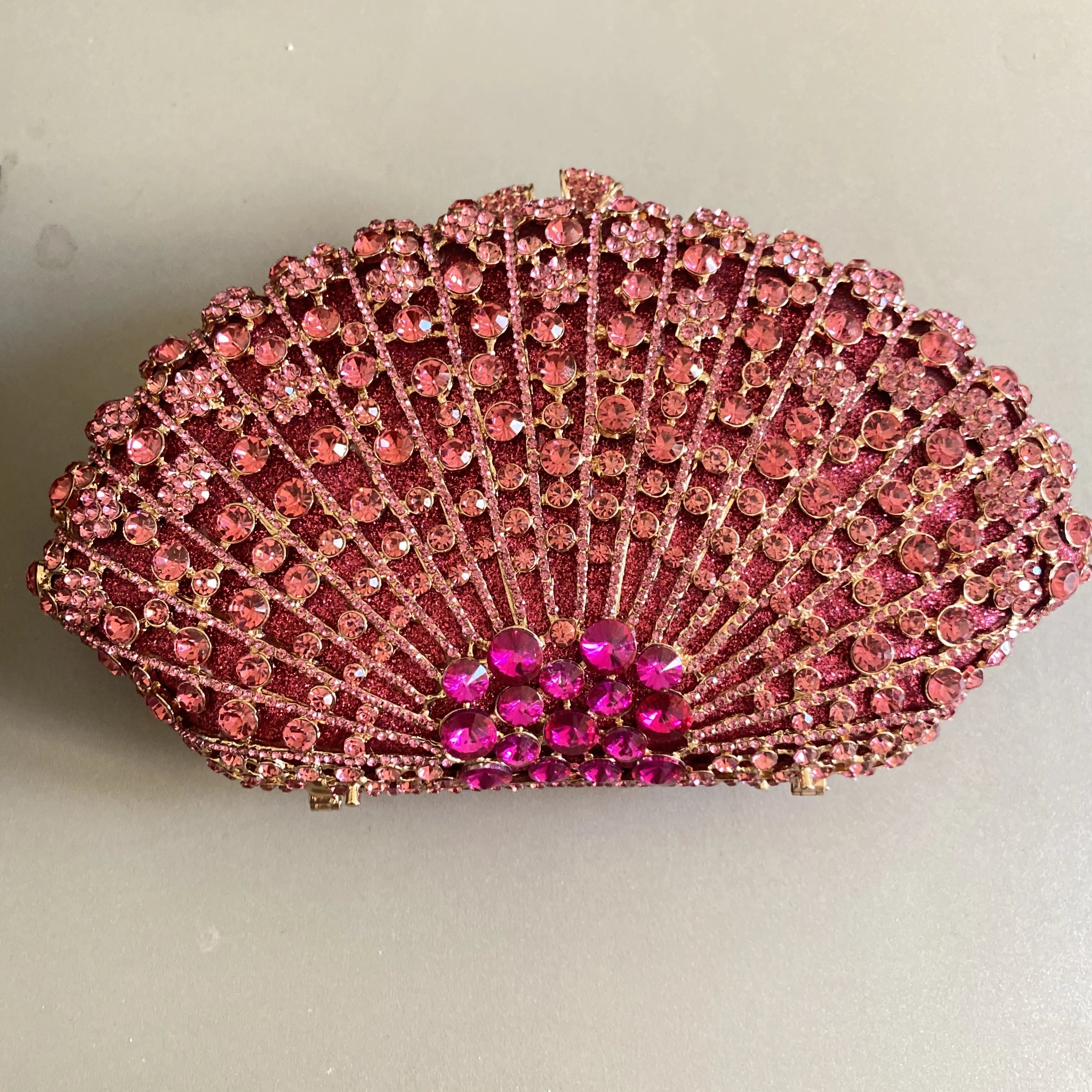 Fuchsia/Hot Pink Rhinestone Evening Bags Fan Women Diamond Wedding Purses Crystal Party Minaudiere Lady Dinner Cocktail Clutches