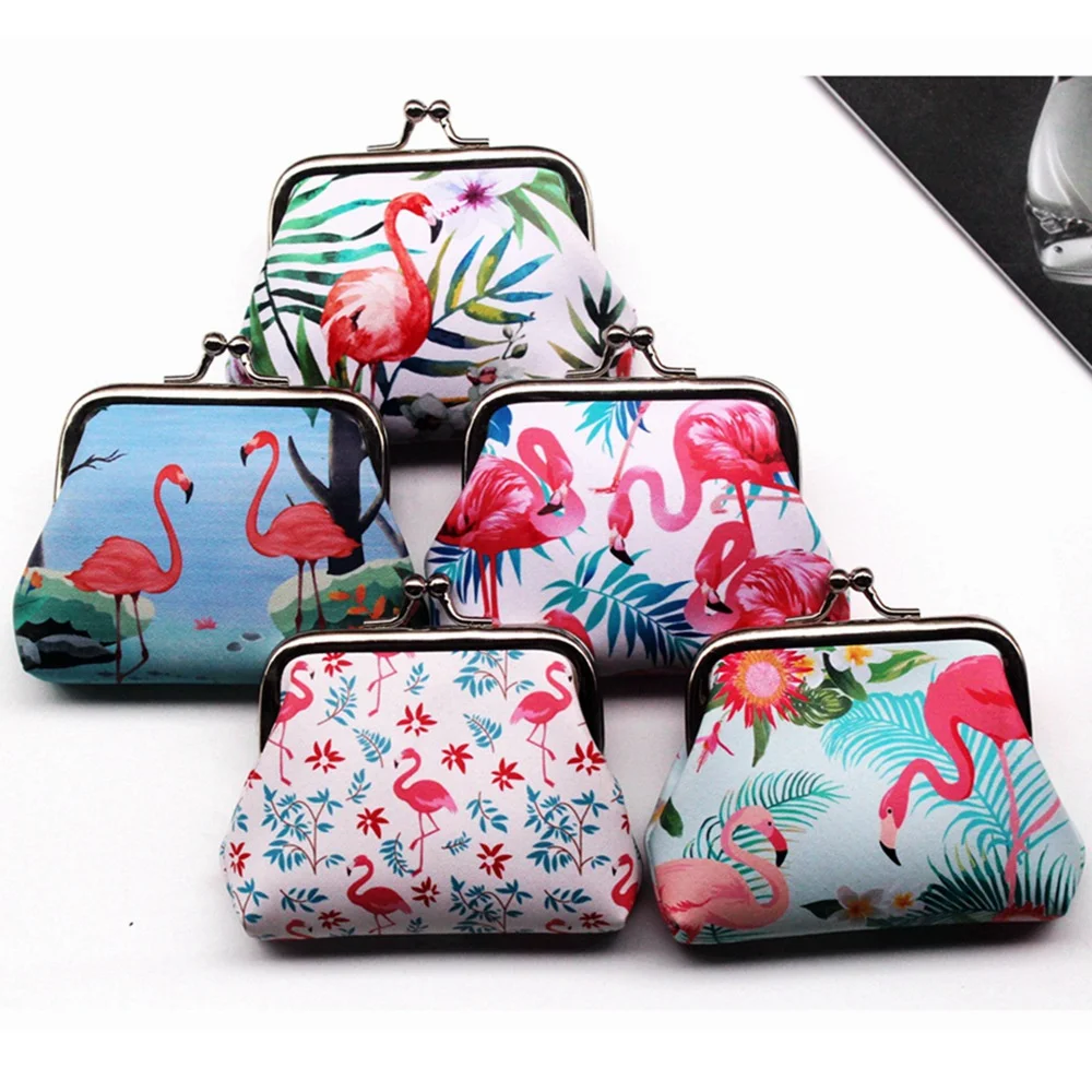 Mini Coin Purses Creative Cartoon Flamingo Printed PU Leather Clutch Pouch Hasp Money Cash Card Handbag Women Girls Gift