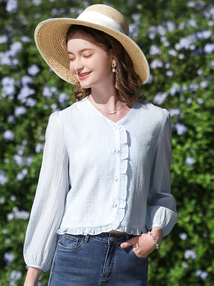 I Believe You-Chemise française à col en V pour femme, chemisiers à carreaux en bois avec boucle d'oreille, chemises basiques chics pour femme, printemps et automne 2024, nouveau, 2241055556