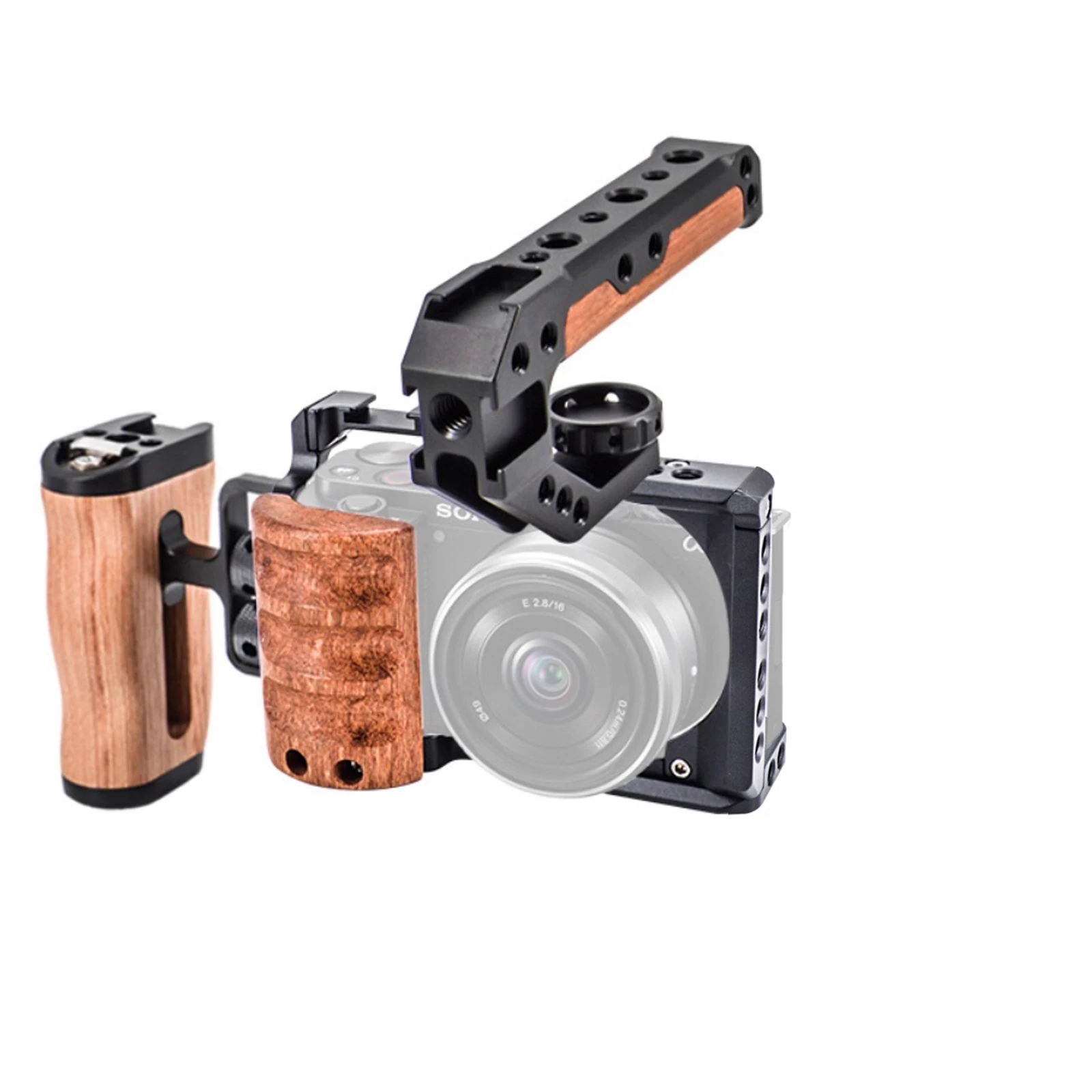 Probty ZV-E10 Camera Cage with Wooden Grip Cage for Sony ZV-E10 with Built-in Quick Release Plate Cold Shoe, and 1/4”& 3/8” Thr