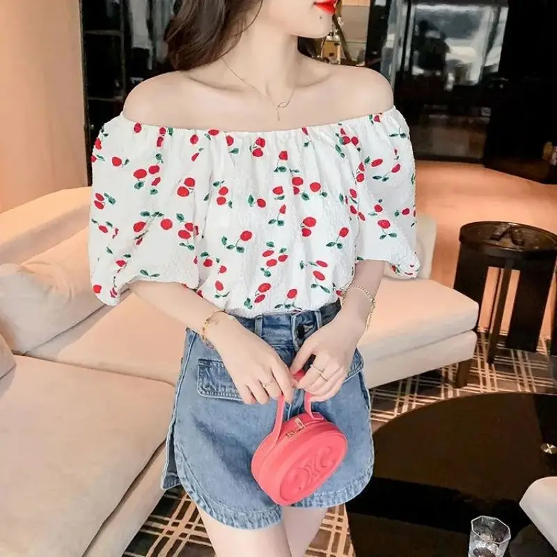 Women Summer Fashion Loose Sweet Cute Floral Slash Neck Short Sleeve Chiffon Shirts Women Clothes Casual All-match Trend Top Tee