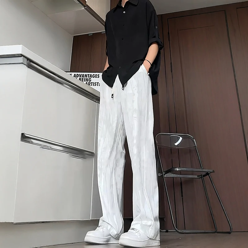 

Белые брюки из ледяного шелка с принтом, эластичные, быстросохнущие, летние, прохладные, прямого кроя, со средней/высокой талией, для мужчин, повседневная одежда