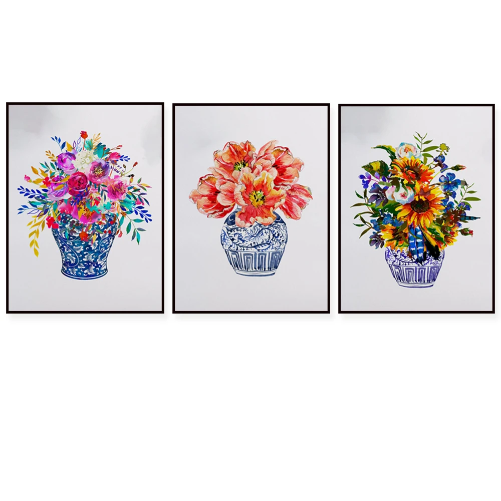 

Chinese style chic canvas ginger pot printing blue and white porcelain Chinese Ming vase Chinese vase wall hanging art Hampton