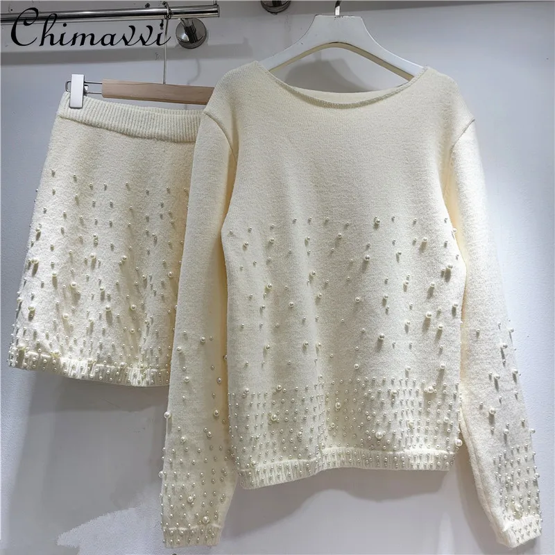 

White Heavy Pearl Long Sleeve Knit Sweater + Skirt Sets 2025 Autumn Winter New High-end Fashion Elegant Women's Two-piece Set