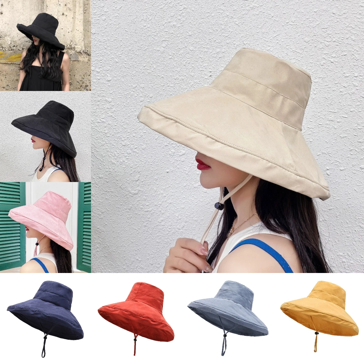 

Large Eaves Casual Sunshade Hat Versatile Foldable Fashionable Fisherman's Hat for Woman Same Color Detachable Windproof Rope