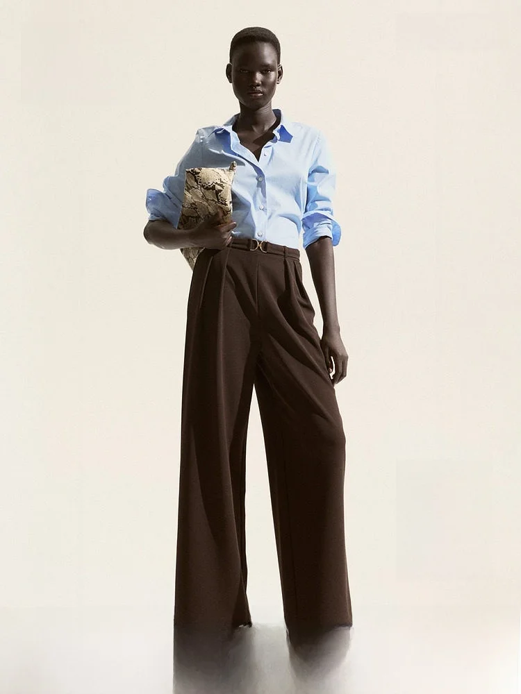 

Брюки женские H&M 224090 с высокой талией, металлическим декором, эластичные, для офиса, из полиэстера и спандекса