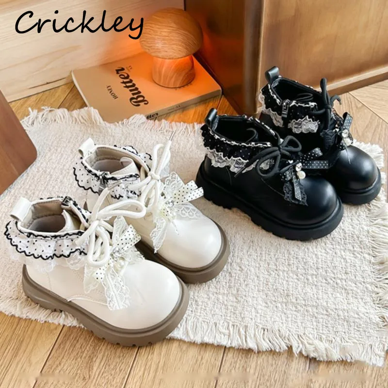 Bow Dot Lace Girls Princess Boots Solid PU Leather Zip Kids Fashion Boots Soft Sole Anti Slip Short Children Ankle Shoes
