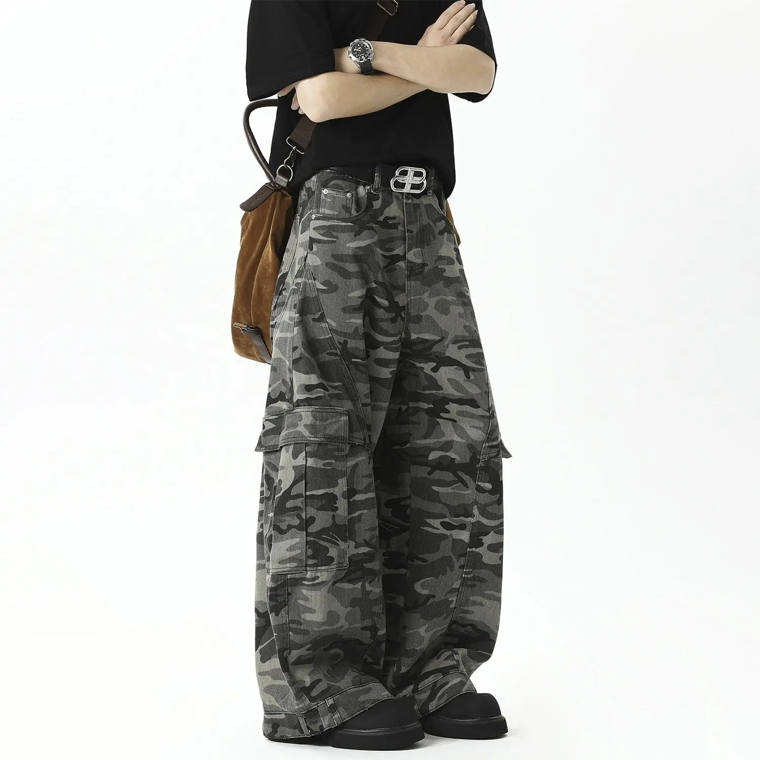 

Мужские брюки-карго с камуфляжным принтом, широкие джинсовые брюки большого размера, повседневная уличная одежда с несколькими карманами, свободные брюки