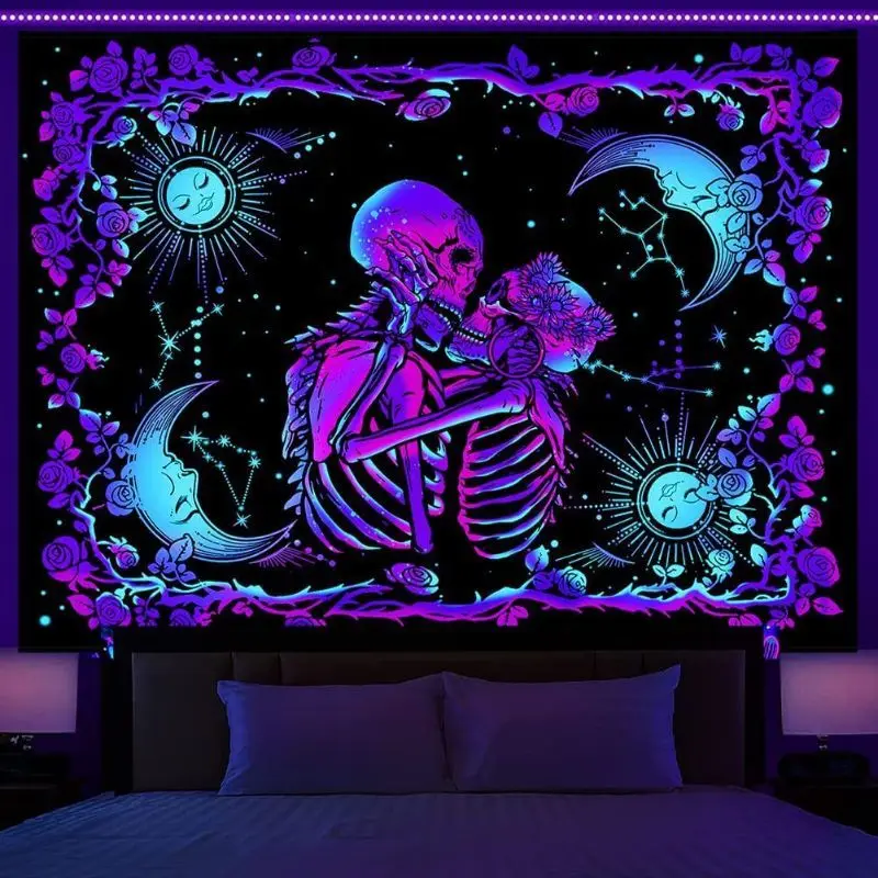 VIKAMA Fluorescent Chakra Tree of Life Skull Tapestry, Psychedelic Boho Wall Hanging, Aesthetic Dorm e-Sports Room Decor