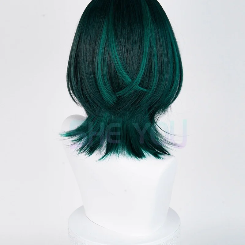 Parrucca cosplay Anime Nefer 36 cm con riflessi verdi parrucche per le donne parrucca cosplay capelli sintetici resistenti al calore Halloween + cappuccio parrucca