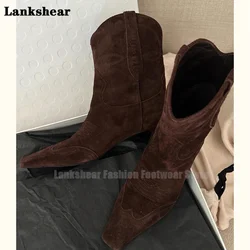 Vintage Embroidery Kitten Heel Ankle Boots Women's Western Suede Booties Fall/winter Leather Stiletto Boots Botas Women's Boots