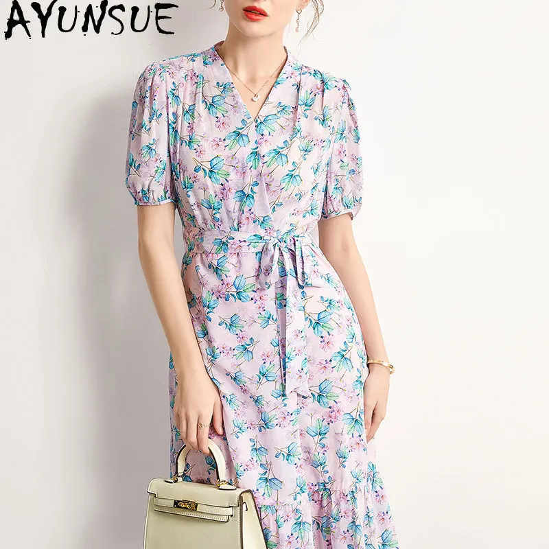 

AYUNSUE 100% Real Mulberry Silk Dress Women Elegant Women's Dresses Summer Clothes Midi Dress Lace-up Vestidos De Mujer 2024