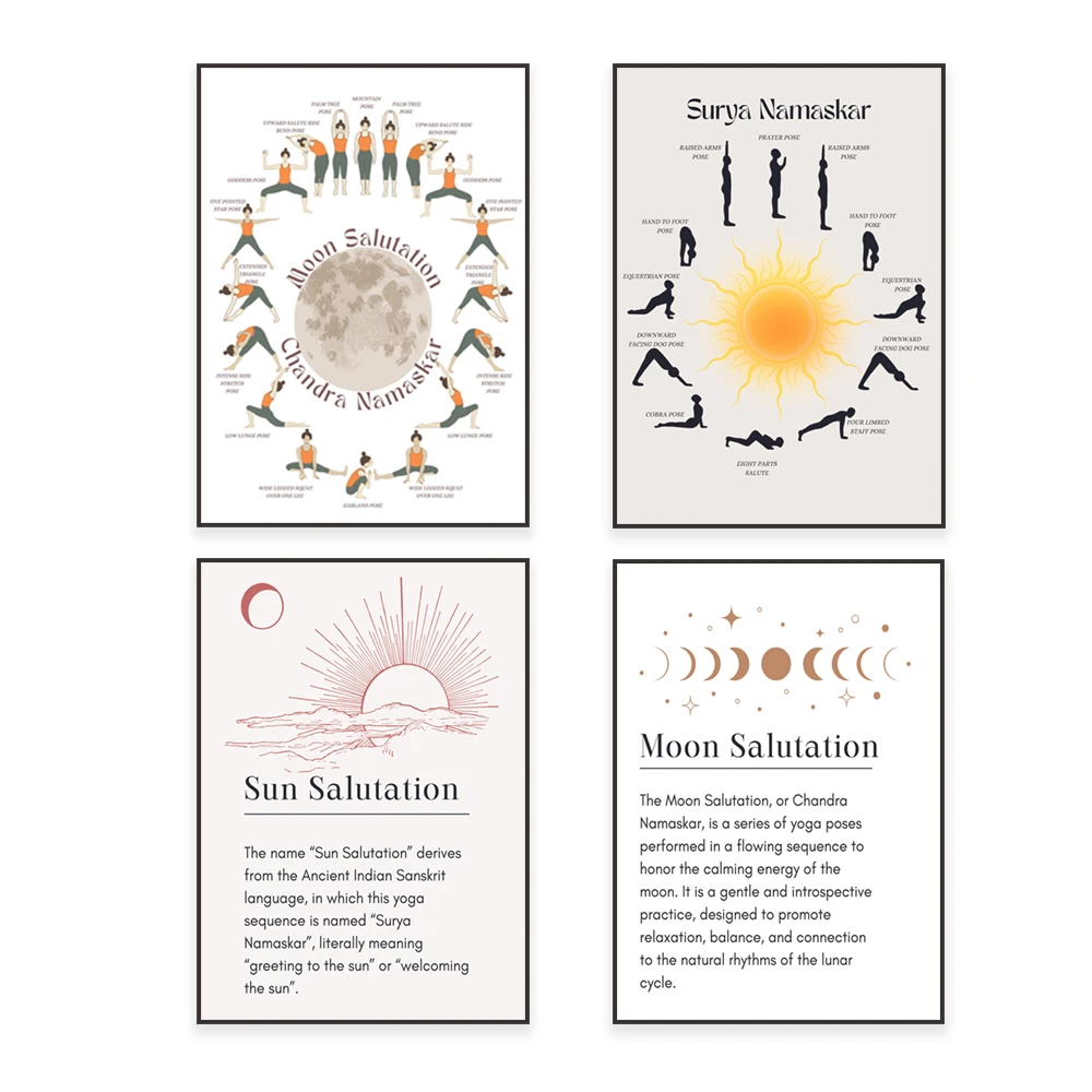Sun Salutation Yoga Pose, Moon Salutation Yoga Pose Art Print, definición de Namaste, cartel de yoga, Yoga Asana, cartel Zen, Gif de yoga