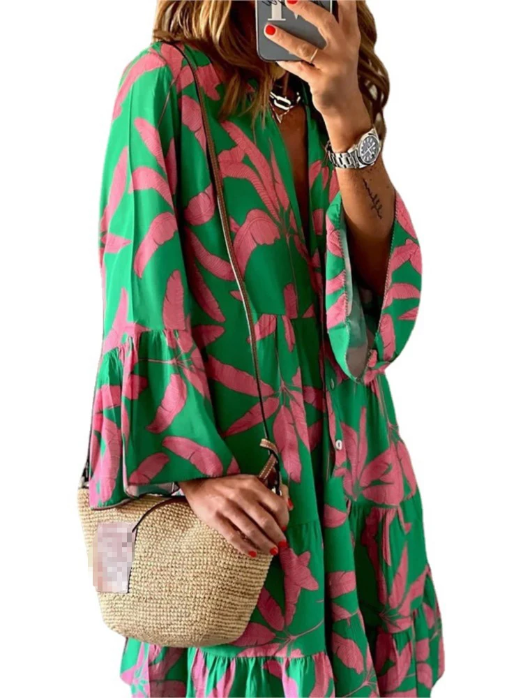 Herfst Boho Vakantie Shirt Jurken Voor Vrouwen Sexy V-hals Flare Mouw Elegante Ruches Print Jurk Lente Casual Losse Jurk