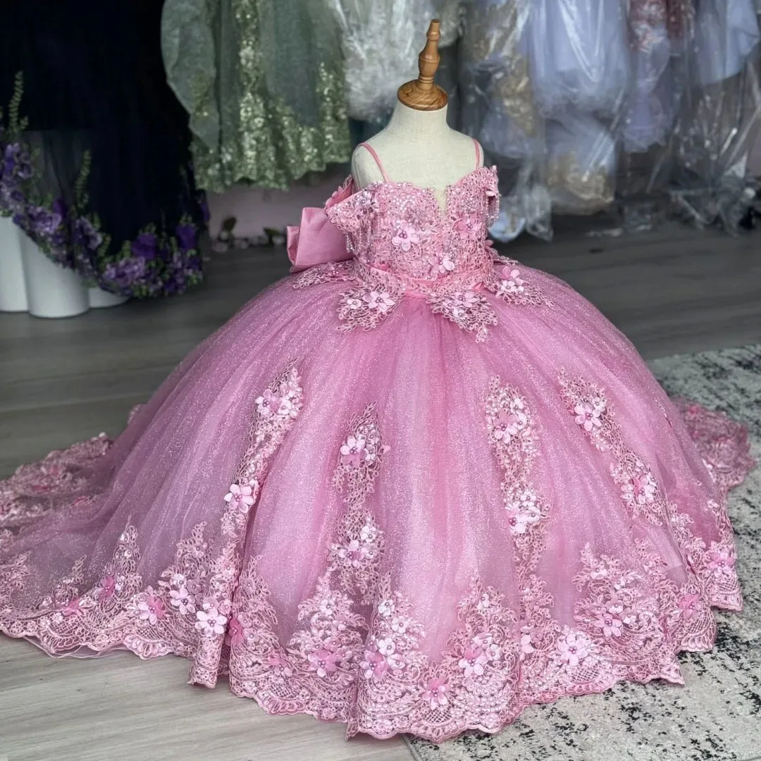 Großhandel Blumenmädchenkleid für Hochzeit Schleife Spitze Applikation Tüll Voluminös Glänzend Kinder Geburtstagsfeier Kommunion Ballkleider Maßanfertigung – Detail 1