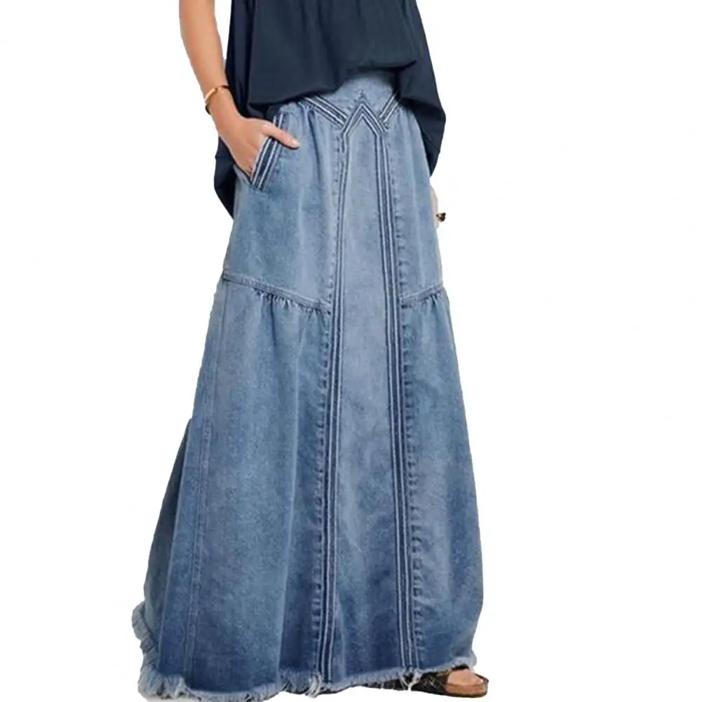 

Summer 2023 Lady Denim Skirt Solid Color Elastic Waist Ripped Retro Loose Long Floor Length Skirt Clothes