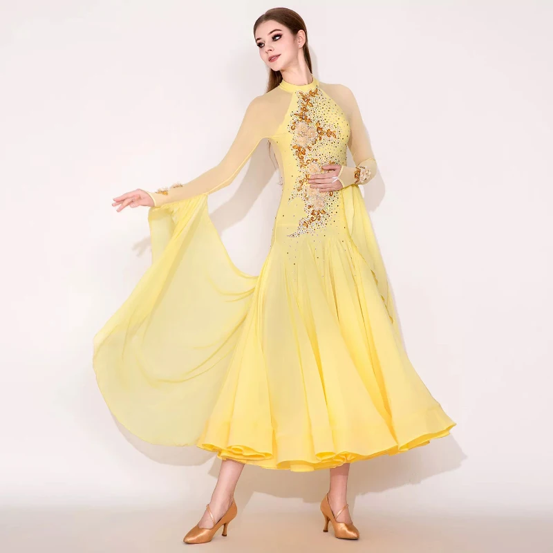 فساتين قاعة الرقص القياسية للنساء تصميم جديد أصفر حديث الفالس المنافسة الرقص تنورة الكبار أنيقة فستان رقص قاعة الرقص #5