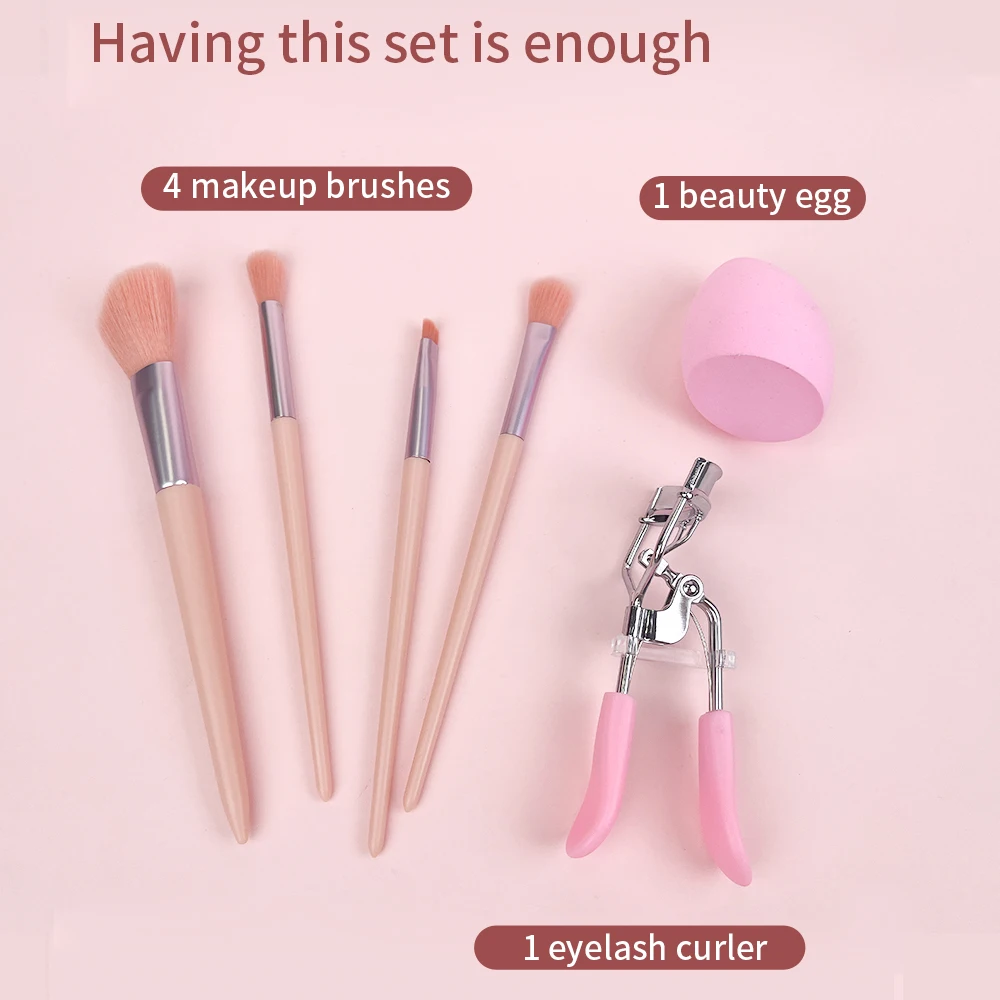Um conjunto de ferramentas de maquiagem de 6 peças, incluindo modeladores de cílios, ovos de beleza, pincéis de maquiagem portáteis e um visual de maquiagem completo com apenas