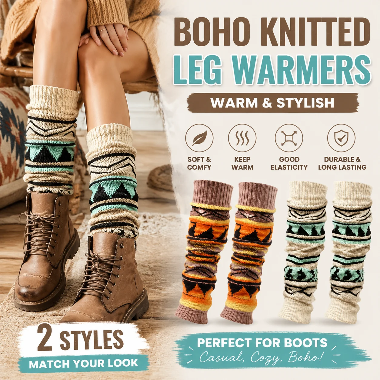 Bohemian Knit Thick Wool Leg Warmers Stacked Mid Length Color Block Boot Socks for Women Winter Warm Comfortable Set