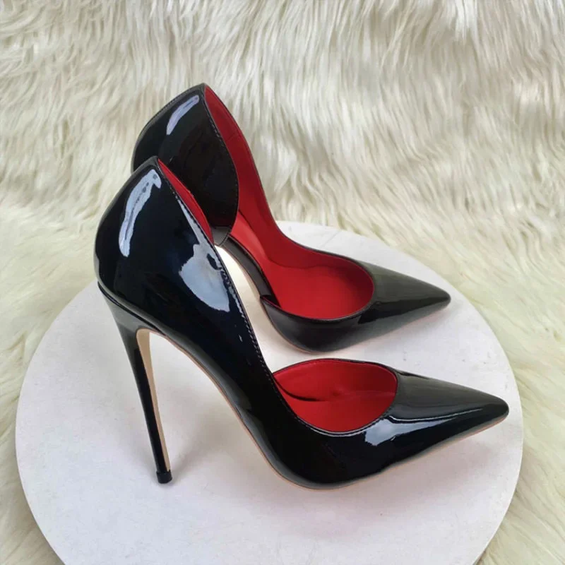 2023 Upgraded Version Red Leather High Heels Shoes Micro Scoop Open Toe Fine Heel Red Bottom Patent Leather Hollow Out Shoe