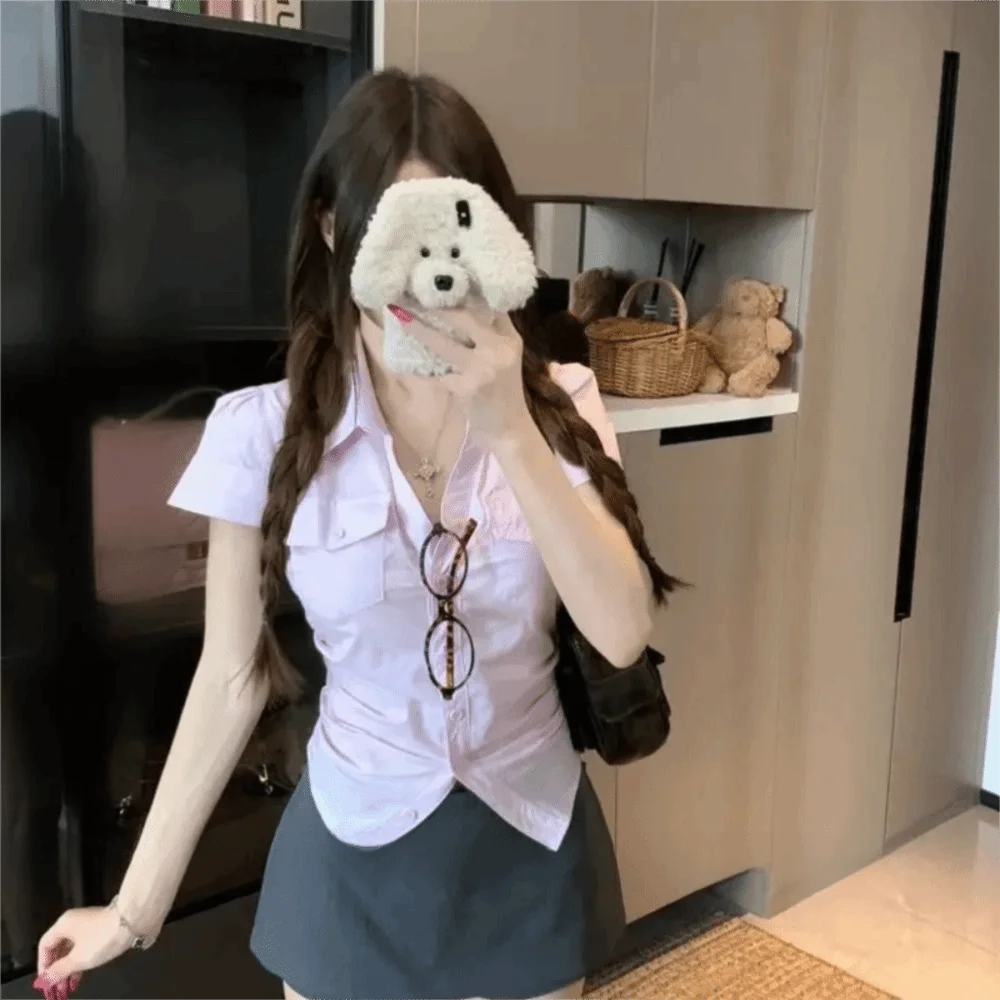 

Casual Short Blue Grid Shirt Ruffle Korean Style Women Blue Grid Blouse Pink Streetwear Long Sleeve Tops Lady Business