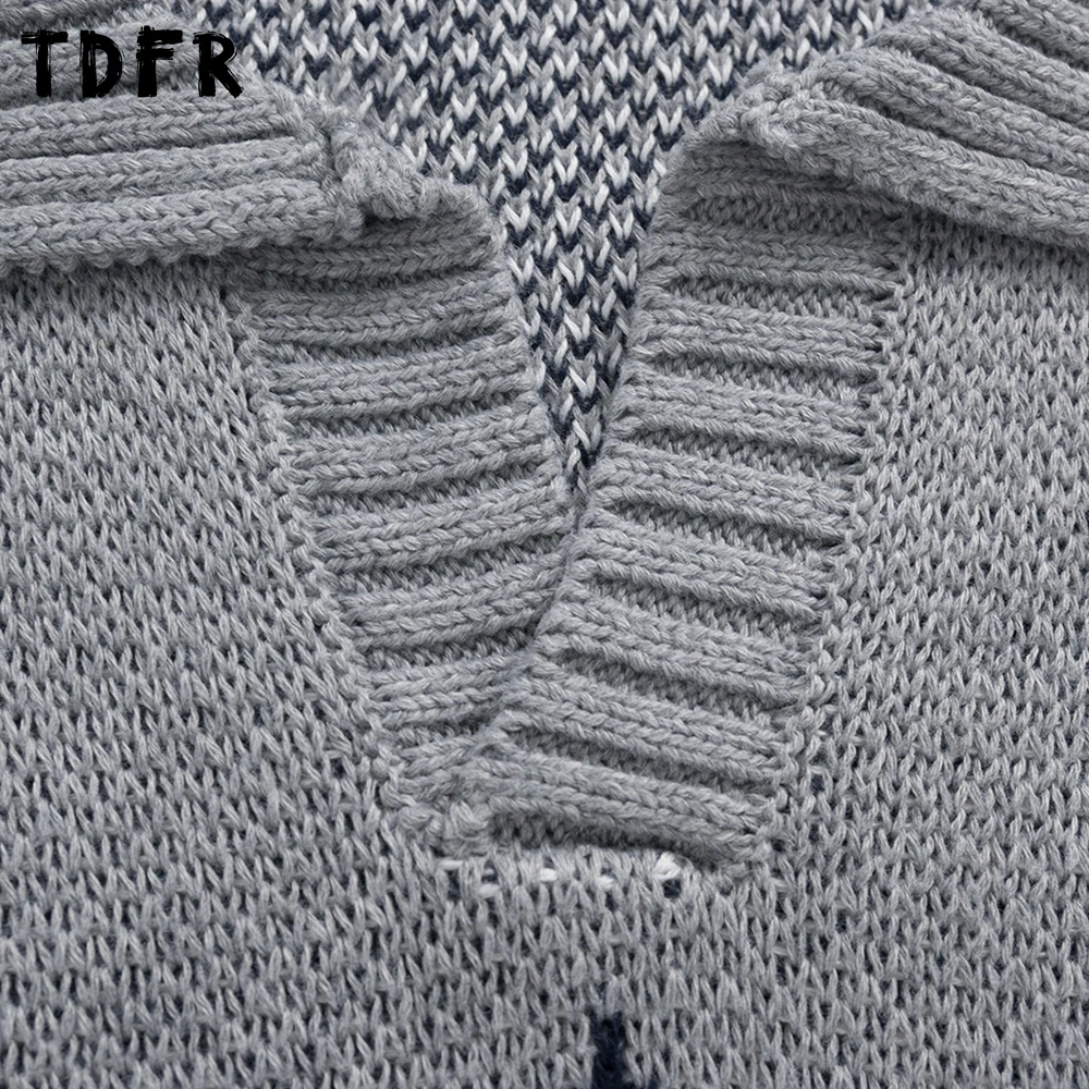 Suéter de Jacquard a cuadros con rombos para hombre, Jersey de punto de manga larga con solapa holgada informal Retro para otoño e invierno