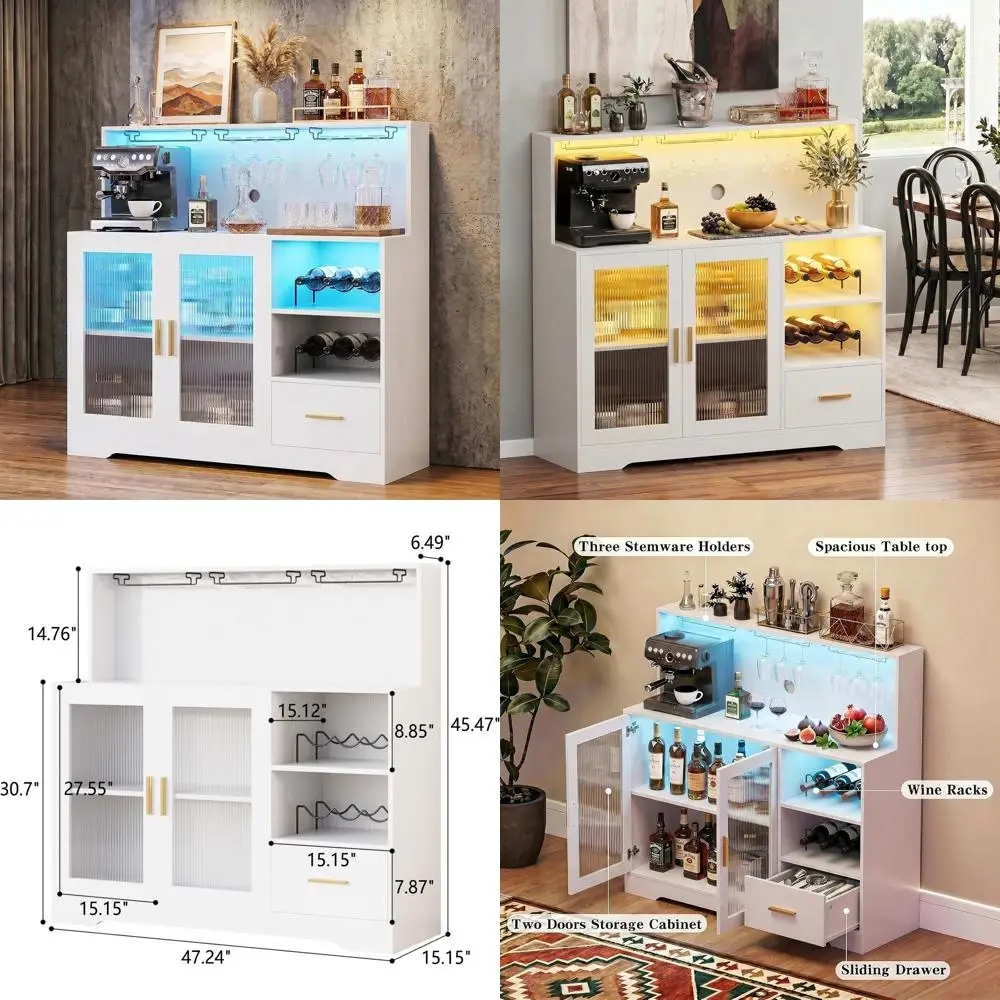 

LED Lighted Home Bar Cabinet with Storage, Glass Holder, Wine Rack, Power Outlet, and Shelves in White for Living Room or Kitche