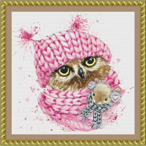 

DIY Embroidery Set, Cross Stitch Kit, Canvas, DMC Threads, Lining and Blackberry, 80-pink hat owl and mouse 79-79