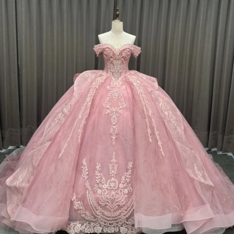 

Pink Ball Gown Quinceanera Dresses Off The Shoulder Applique Lace Beads Corset Party Birthday Sweet 16 Dress Vestidos 15 De Anos