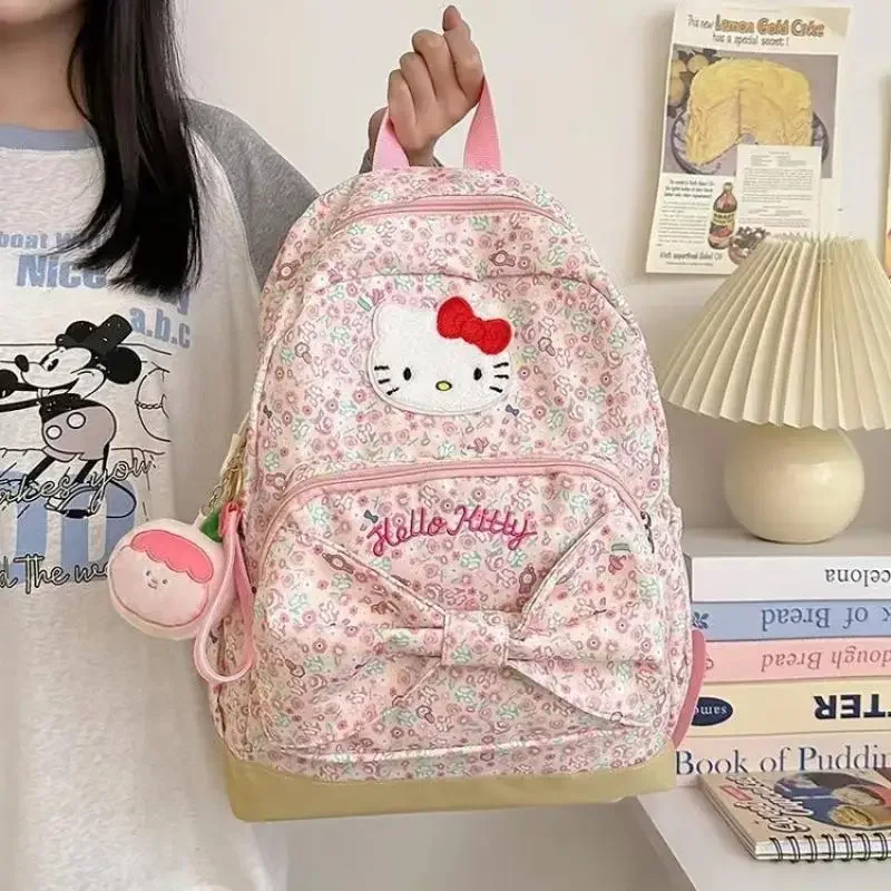 Детский рюкзак Hello Kitty Sanrios с бантом, милая школьная сумка с принтом, большая вместимость, кавайный мультфильм, студенческий холст, аниме-фигурка