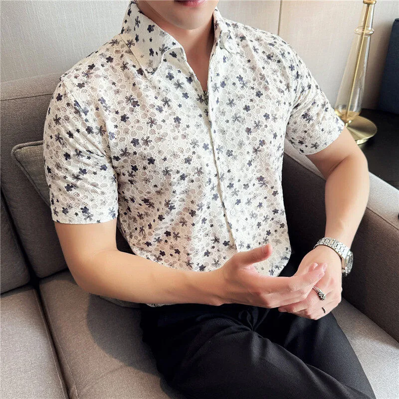 

2026 Summer New Faionable Sexy Men's irt Thin Breathable Lace Hollow out ort Sve Floral Print Casual Sle Urban Fas...