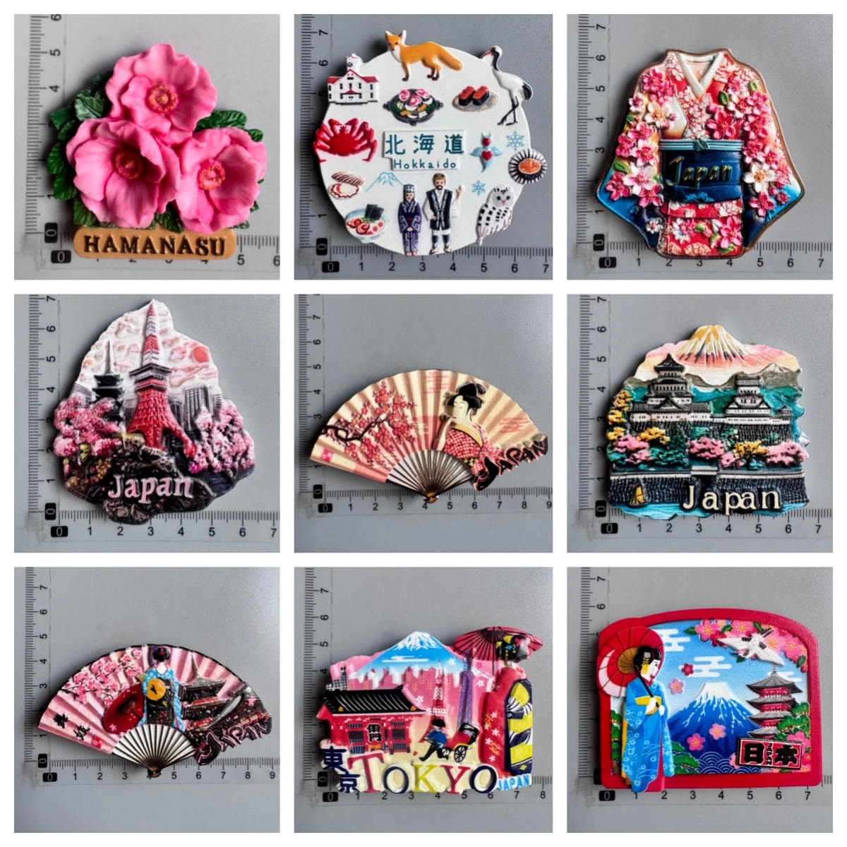 Imanes de nevera de Japón: Hamunasu, Hokkaido, Kimono, Torre de Tokio, Sakura, Castillo, Geisha, Fuji. Recuerdo de viaje de resina.