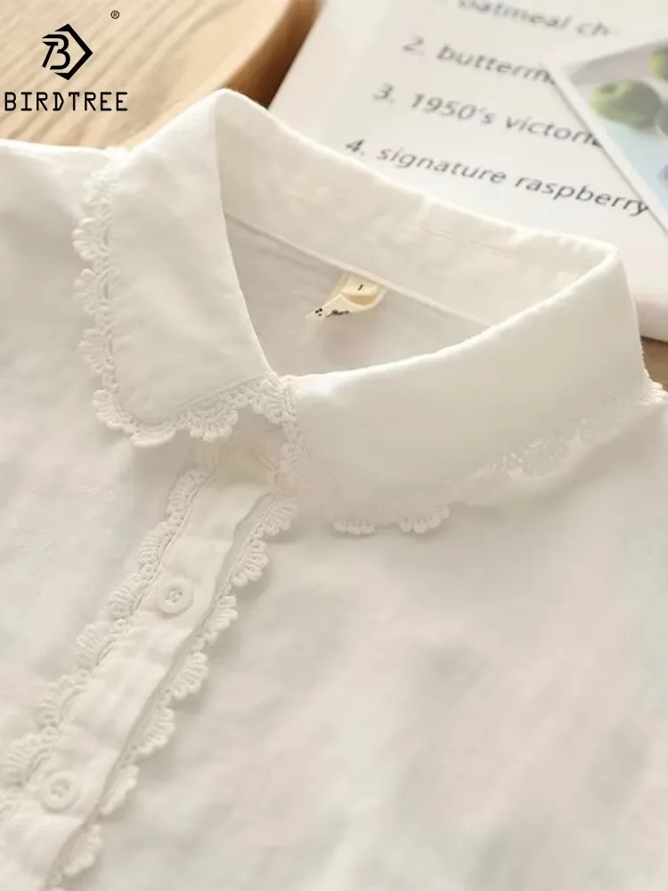 Spring New Women Double-layer Cotton White Shirts Full Sleeve Peter Pan Collar Loose Casual Soft Lace Blouse Office Lady T33003X